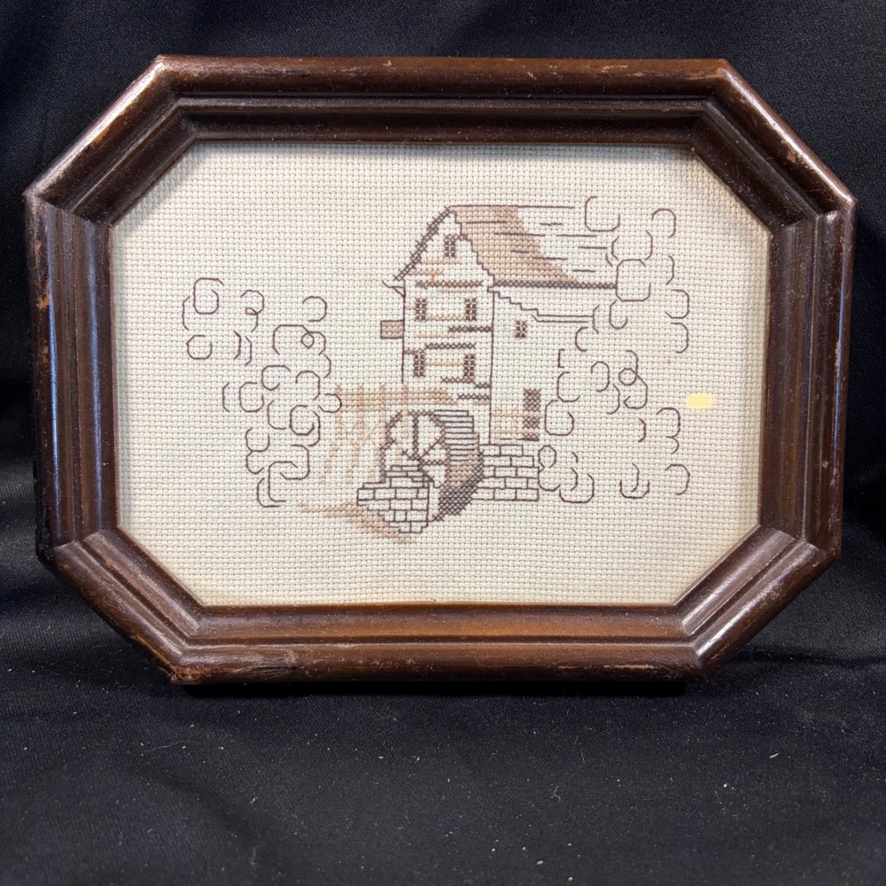 Vintage Cross Stitch Water Mill Scene Octagon Frame Brown Sepia Folk Art HK